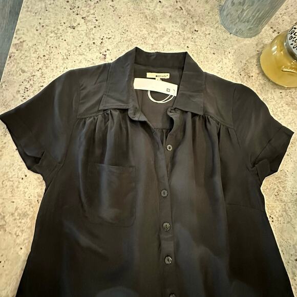 Revolve LA Made Womens Medium 100% Silk Mini Dress Black Button Short Sleeve NWT - Picture 3 of 12